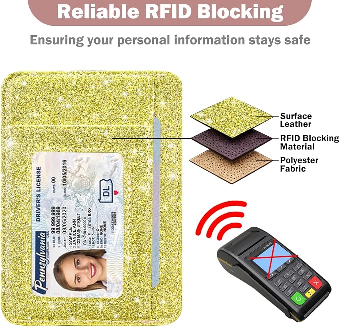 HOTCOOL Card Holder Wallet Front Pocket Minimalist Travel Cute Funny Thin Leather With RFID Blocking Small Credit Card Holder Wallet for Men & Women Girls Organizer Gifts, Glitter Gold - Image 5