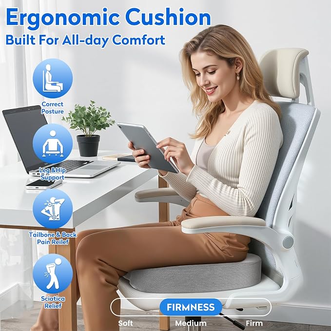 CushZone XL Memory Foam Seat Cushion for Office & Car, Light Gray | U-shaped Coccyx Cutout, Contoured Design, Breathable Removable Mesh Cover, Non-Slip Base, Carry Handle - Image 6