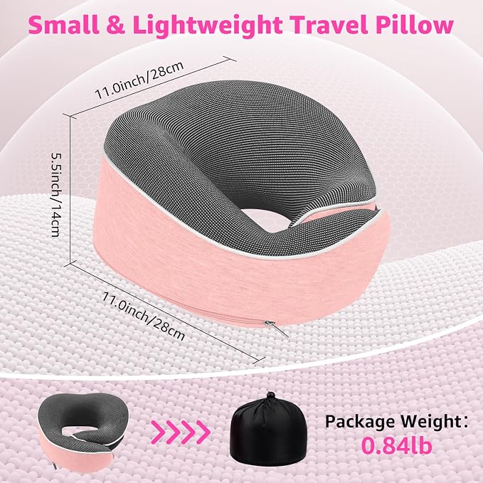 Memory Foam Travel Neck Pillow | Ergonomic 360 Degree Head Support for Airplane, Car and Office Sleeping, with Breathable Cotton Cover and Carry Bag, Pink-2 - Image 7