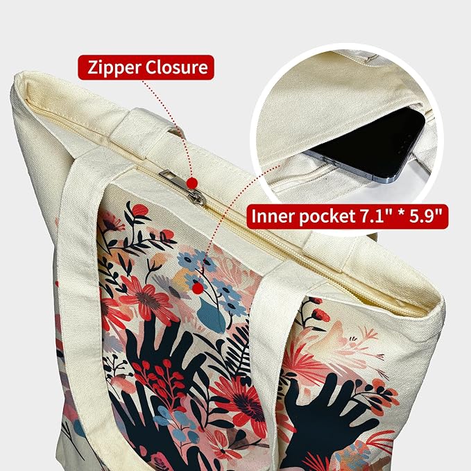 itgowisa Canvas Tote Bag for Women, Tote Bag with Zipper Inner Pocket, Zippered Canvas Bag for Shopping Work Grocery Everyday - Image 4