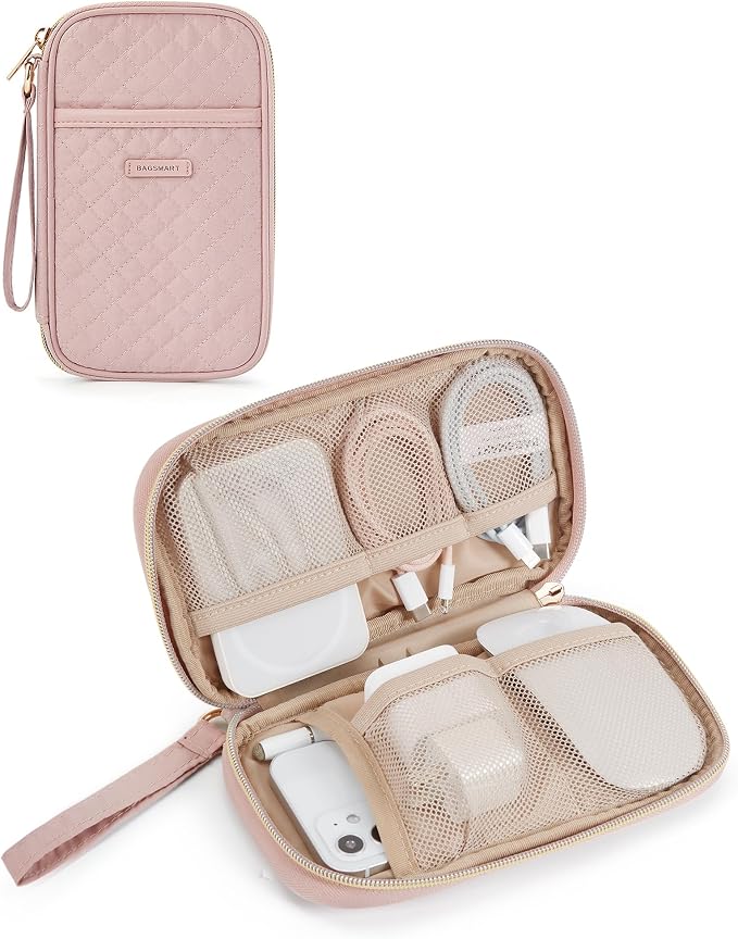 BAGSMART Cord Organizer Travel Cable Organizer Bag Tech Electronic Organizer Travel Case, Travel Essentials for Charger, Cable, Phone, Flash drive, Single Layer - Pink | Travel Essentials, Tech Organizer Pouch, Cord organizer bag for Cables, Compact Tr... by BAGSMART