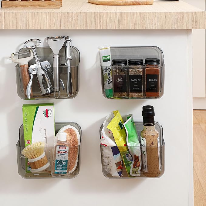 4 Pack Adhesive Kitchen Cabinet Door Organizer, Compact Pantry Organizers and Storage Box, Bathroom Storage Organizer Shelf for Narrow Space, Wall Mounted Shower Caddy Hanging Sink Caddy(Smoke Gray) - Image 8