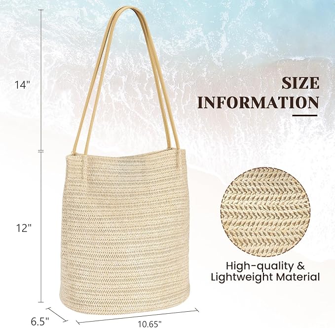 Tavaleu Straw Beach Bags for Women Tote Handbag Shoulder Hobo Bucket Bag | Lightweight, Foldable, PU Straps, Magnetic Closure, Zip Pocket, Reinforced Bottom, Summer Purse, Travel, Vacation, Daily Use - Image 4
