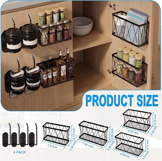 8 Pack Cabinet Door Organizer,No Drill Adhesive Metal Pot Lid Holder with 4 Storage Baskets &4 Tumbler Lid Holders,Rustproof Inside Cabinet Food Container Lid Storage Rack for Kitchen Pantry Bathroom - Image 3