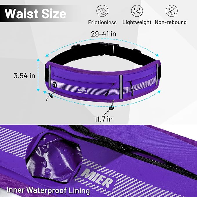 MIER Running Belt for Women & Men, Fanny Pack with Marathon Bib Clip Purple | Slim Adjustable Phone Holder Pouch; Reflective Waist Packs for Running Essentials; Waterproof Zipper Pockets - Image 3