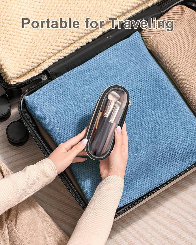 Soimeat Clear Travel Makeup Brush Holder, Leather Makeup Brush Toiletry Bag, Portable Cosmetic Brush Case, Transparent Waterproof Makeup Brush Storage Bag, Black - Image 6