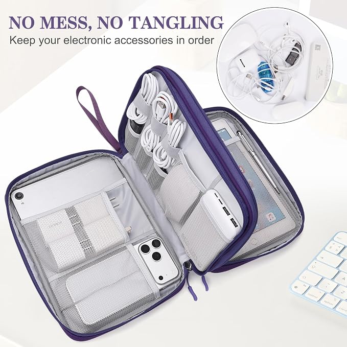 FYY Electronic Organizer, Travel Tech Pouch Bag, Extra Large, Purple | Wrist Strap, Waterproof, Double Layers Electronics Travel Case for iPad, Cord, Laptop Charger, Daily and Business Trips Use - Image 5