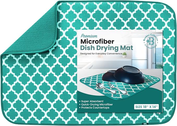 Dish Drying Mat for Kitchen Counter, Large 18 x 14 Absorbent Microfiber Pad | Machine Washable Quick Dry Kitchen Mat, Reversible Under Dish Rack Pad, Counter Protector for Dishes Pots Pans, Coffee Bar by Bamb%C3%BCsi