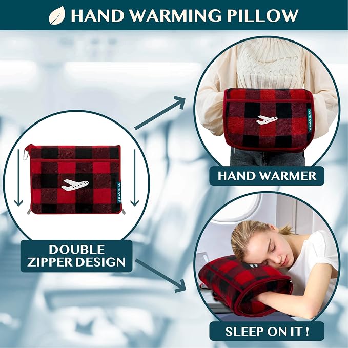 PAVILIA Travel Blanket and Pillow, Soft Ribbed Fleece Airplane, Plaid Red | 65x40, Compact Packable Plane Throw with Bag, Luggage Strap and Back Pocket, Cozy Flight Essentials Travelers Camping Gift - Image 5