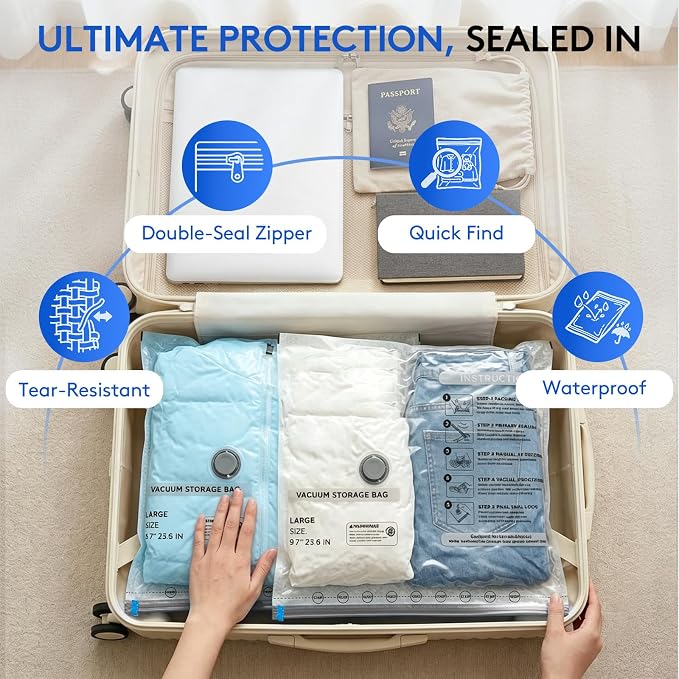 15+1 Packs Vacuum Bags for Travel with Rechargeable Pump, 3 Sizes Vacuum Seal Bags for Clothing, Compression Vacuum Travel Bags for Luggage, Vacuum Packing Bags for Closet Organization - Image 5