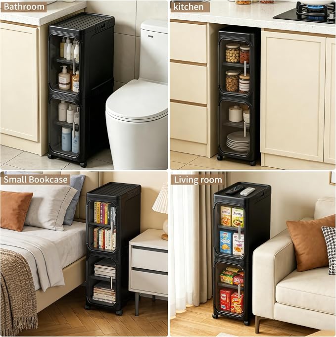 2-Tier Narrow Storage Cabinet Slim Bathroom Skinny Organizer with Wheels | Slim Storage Cabinet with Lockable Rolling Wheels Adjustable Detachable Shelves Snap Assembly for Small Spaces,Black - Image 5