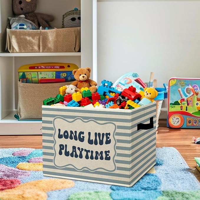 Rustic Playroom Storage Bins Boxes with Handles | toys books clothes, long live playtime blue striped nursery foldable basket for organizing bedroom toddler room playroom - Image 2