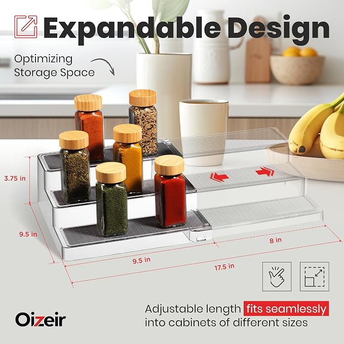 Oizeir 3-Tier Expandable Spice Rack Organizer for Cabinet, Clear | Expandable Plastic Spice Rack Organizer, Adjustable Length 3 Tiers, Non-Skid Shelf, Cabinet Pantry Countertop, Clear - Image 2