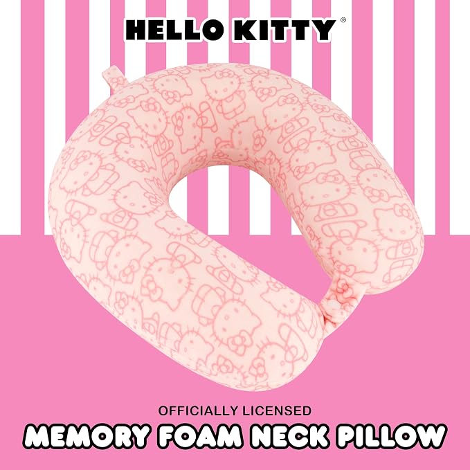 FUL Hello Kitty Neck Pillow, Pink | All Over Print Memory Foam Travel Accessories for Airplane, Car and Office, Comfortable and Breathable - Image 2