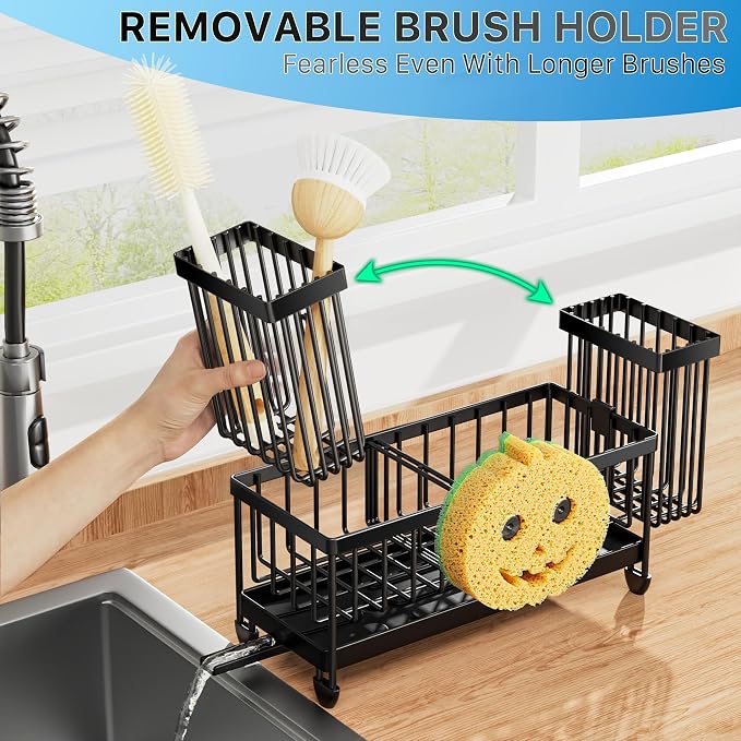 Cisily Sponge Holder for Kitchen Sink, Sink Caddy Organizer with High Brush Holder, Kitchen Countertop Organizers and Storage Essentials, Rustproof 304 Stainless Steel (Black with Smiley Face, 9.25″) - Image 3