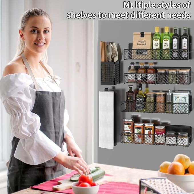Magnetic Spice Rack for Refrigerator, 6 Pack 100% Metal Strong Magnet Shelf Black, Space Saving Spice Organizer, Home Kitchen Laundry Room Storage Organization W/ Paper Towel Holder, Utensils Racks - Image 6