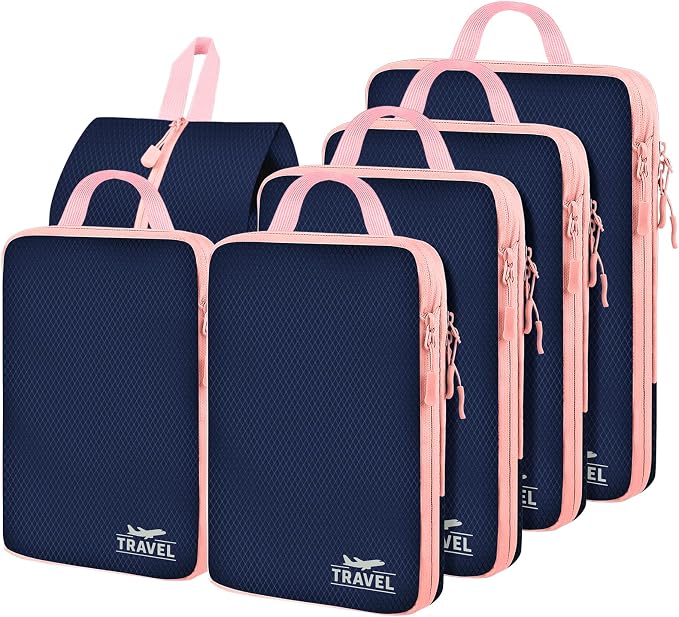 6 Set Compression Packing Cubes, Suitcase Organizer, Lightweight Travel Essentials, Compression Bags For Travel Accessories Luggage Storage Set (6Pcs, Navy blue) by Unknown