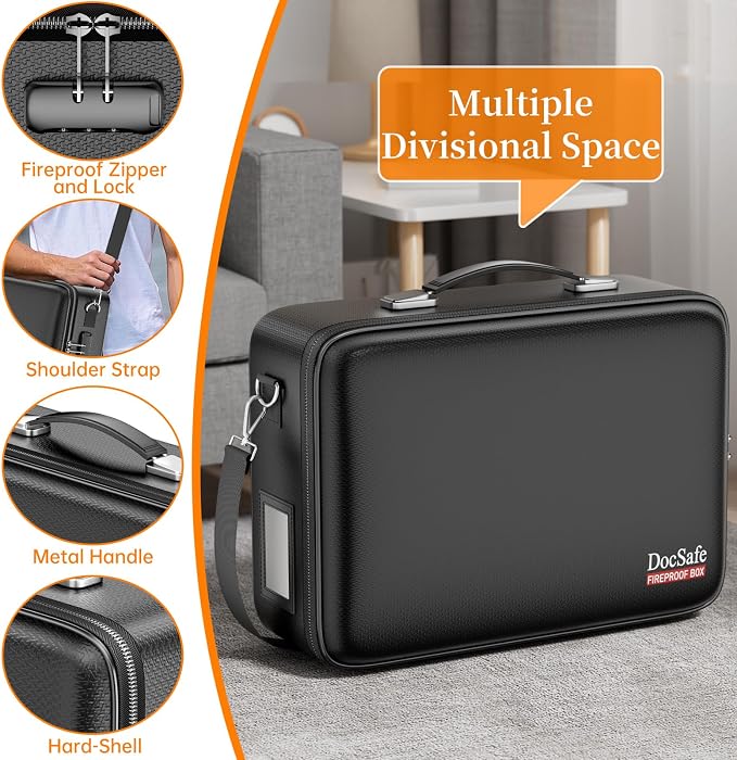 DocSafe Fireproof Document Box with Lock＆Shoulder Strap, Hard-Shell Case File Organizer with Accordion File Folder, Multi-Layer Portable Home Office Travel Safe Storage for Important Documents Laptop - Image 4