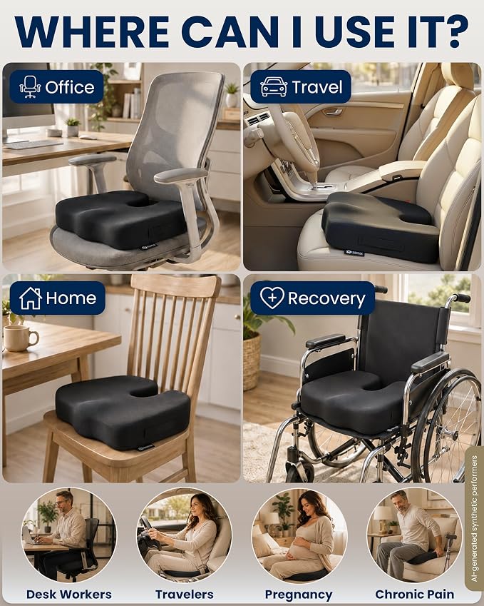 5 STARS UNITED Seat Cushion - Memory Foam & Cooling Gel - Chair Cushion for Tailbone Pain Relief - Ergonomic Support for Coccyx, Sciatica & Butt - Office, Desk & Gaming Chair, Car, Wheelchair, Black - Image 3
