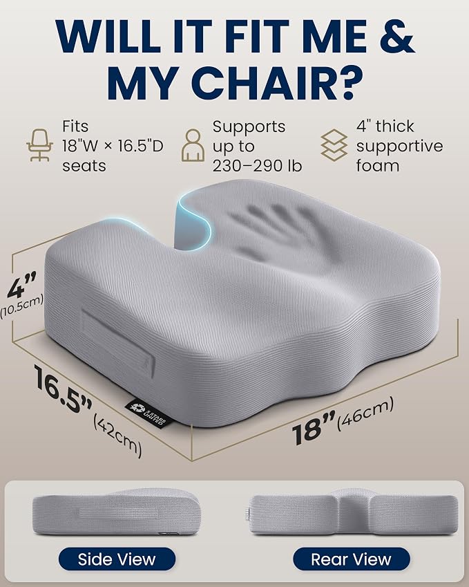5 STARS UNITED Seat Cushion - Memory Foam Chair Cushion for Tailbone Pain Relief - Ergonomic Support for Coccyx, Sciatica & Butt - Office, Desk & Gaming Chair, Car Seat, Wheelchair, Airplane, L Gray - Image 5