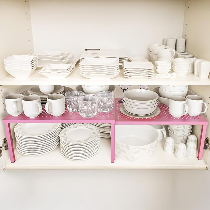 Simple Houseware Expandable Stackable Kitchen Counter Shelf Organizer, Pink, Metal Top, 11.25 in L x 7.9 in W x 5.4 in H | Expandable & Stackable 9" D x 12.75" W x 5.9" H - Image 2