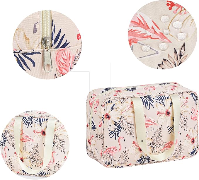 Narwey Full Size Toiletry Bag Women Large Cosmetic Bag Travel Makeup Bag Organizer Medicine Bag for Toiletries Essentials Accessories (Large, Beige Flamingo) - Image 4