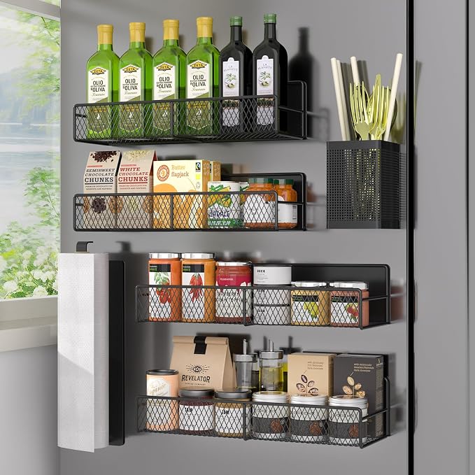 Magnetic Spice Rack for Refrigerator, 6 Pack 100% Metal Strong Magnet Shelf Black, Space Saving Spice Organizer, Home Kitchen Laundry Room Storage Organization W/ Paper Towel Holder, Utensils Racks by DTUQYX