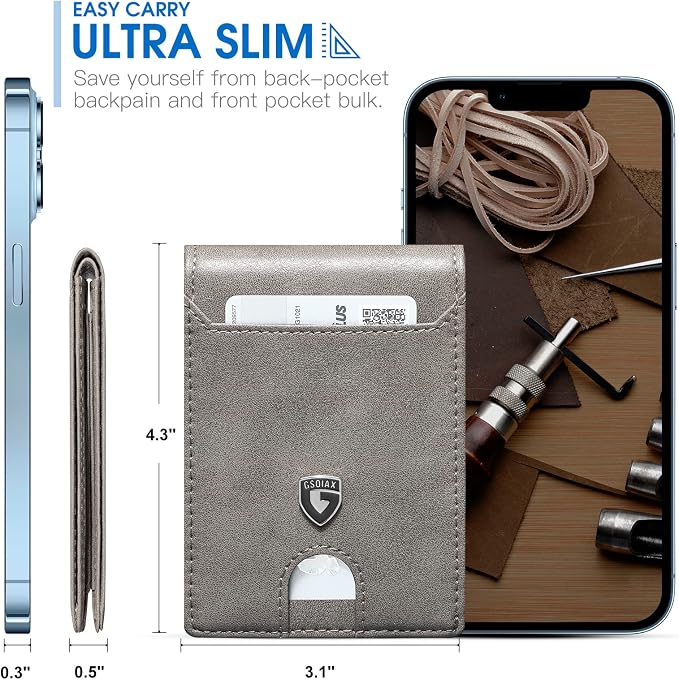 GSOIAX Slim Wallet for Men,RFID Blocking Bifold Wallet Carbon Fiber Front Pocket Wallet with 11 Card Holder Minimalist Mens Wallet with Gift Box(Leather Grey) - Image 3