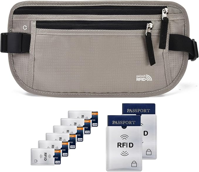 Unisex Money Belt with RFID Blocking Sleeves, Slim Passport Holder RFID Blocking Travel Essentials, Waist Pouch to Protect Cash, Light Grey & 6 Sleeves by paissit