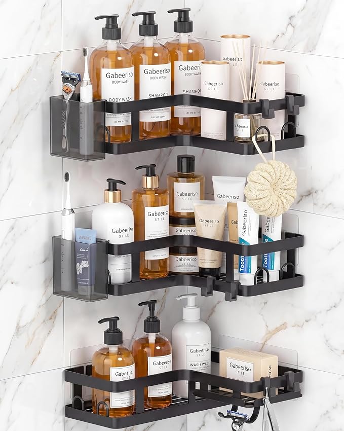 Corner Shower Caddy, 3 Pack Adhesive Shower Organizer Shelves | Rustproof Corner Shower Shelf with Hooks and Toothpaste Holder, No-Drill Adhesive Storage Rack for Bathroom and Kitchen by Unknown
