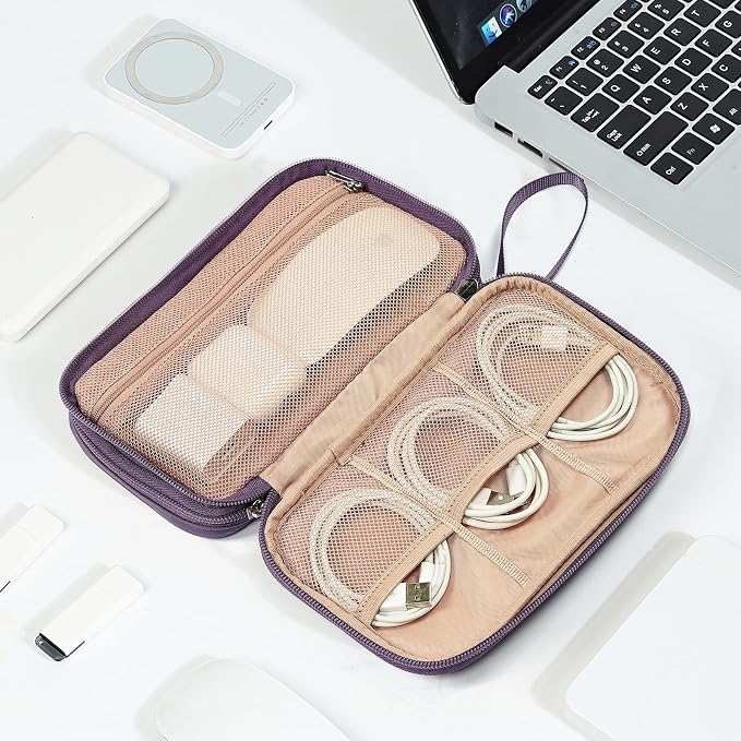 NISHEL Electronics Travel Organizer Cord Case, Charger Cable Tech Bag | Double-layer bag keeps chargers, cables, flash drive, and small tech essentials organized for trip, Medium, Purple - Image 7