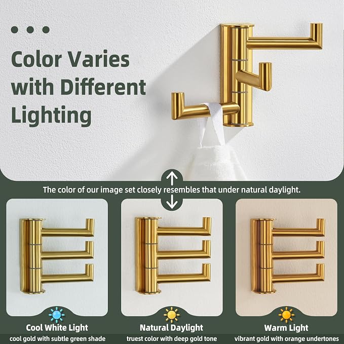 Angle Simple Swivel Towel Hook for Bathroom, Coat Hook Brushed Dark Gold | SUS304 Stainless Steel, 3 Foldable Arms, Space Saving Kitchen Hand Wash Towel Holder, Screws Mounted - Image 4