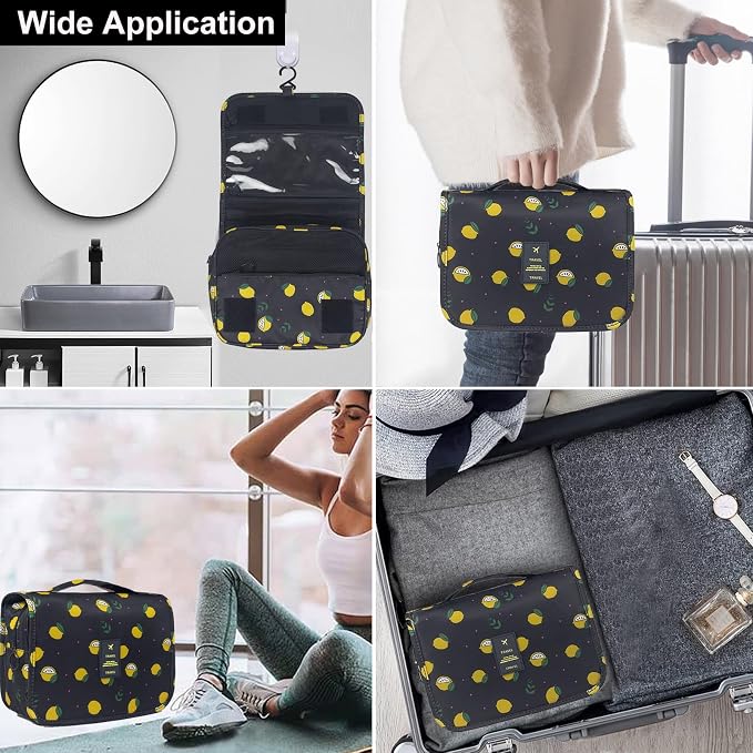 Travel Toiletry Bag for Women, Hanging Toiletry Bag with Multi-Pockets, Toiletry Bag for Traveling Easy Clean, Travel Organizer Bag Black-Lemon - Image 6
