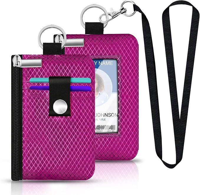 Minimalist RFID Blocking Small Wallet with ID Window,WaterResistant Zip Id Case Wallet with Lanyard Keychain for Cards,Cash,Travel,Women,Men (Purplish Red) - Image 6
