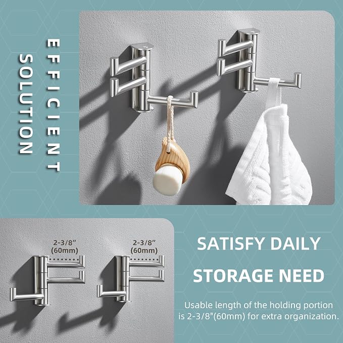 Angle Simple Brushed Nickel Towel Hooks, Swivel Coat Wall Hook, 2 Pack | Robust 304 Stainless Steel, Foldable Robe Towel Holder, Bathroom Kitchen Closet Space Saver for Home Storage, Screws Mounted - Image 5