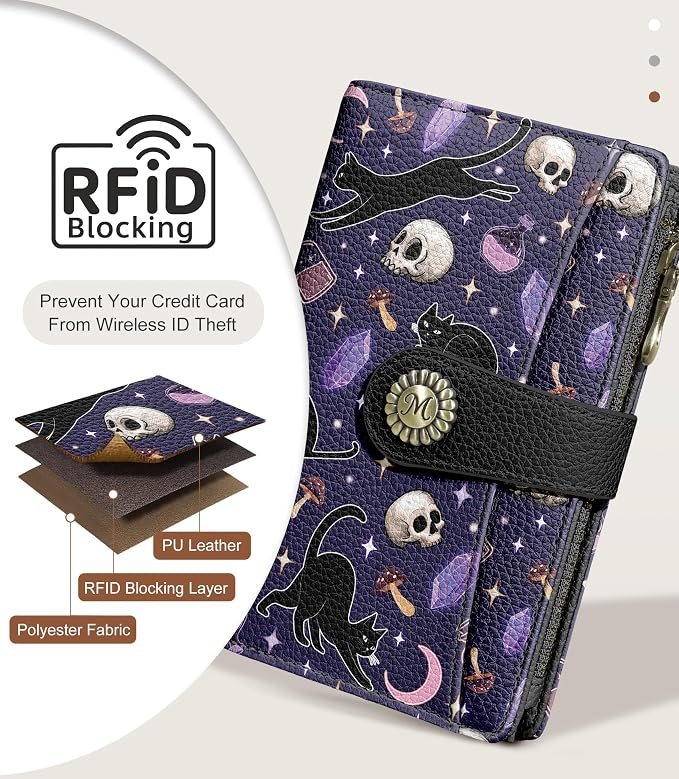 Goth Black Cat Wallet Women RFID Skull Passport Credit Card Holder | 6.7" x 4.4" x 1.3" Bifold, Travel billfold, Zipper Pocket, PU Leather, Clutch, Purse, ID Window, Pen Holder, Gift Ladies Girl - Image 4