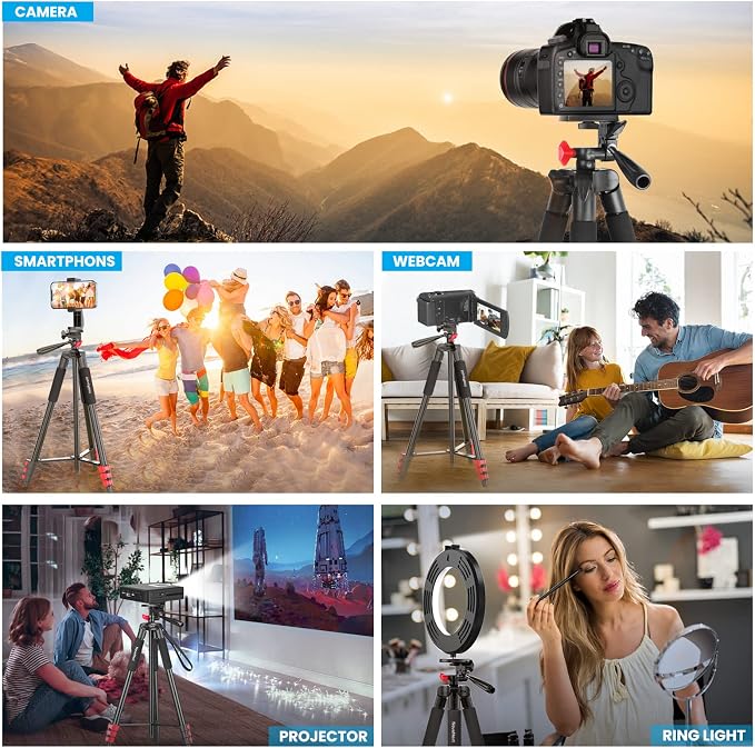 65" Phone Tripod Stand for iPhone Camera Wireless Remote & Holder | 574g Ultra-Lightweight 65" Height. Max Load 4.4lb. 360° Pan Head for Vlogging. Includes Bluetooth Remote & Tripod Carry Bag - Image 5