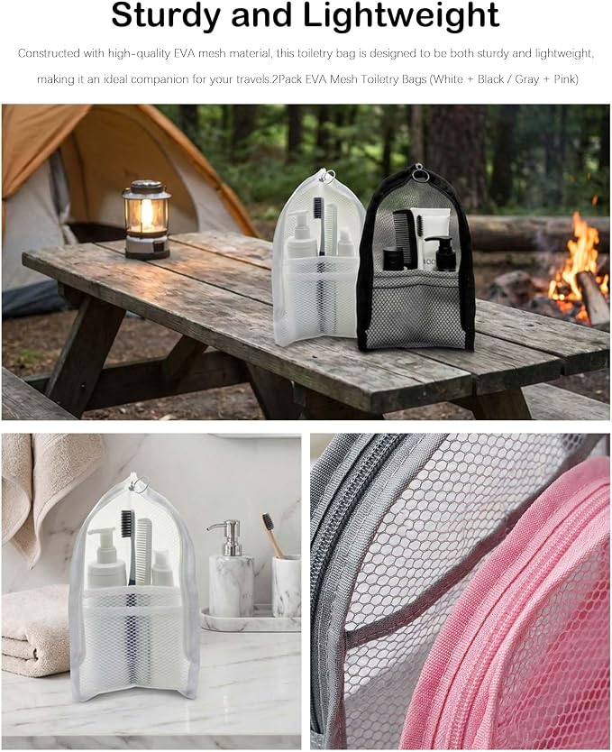 2 Pack EVA Mesh Toiletry Bag - Standing & Foldable Travel Toothbrush Storage, Waterproof and Portable for Camping, Outdoor Activities, Home Storage, Gifts for Women, Men, Travelers (White + Black) - Image 6
