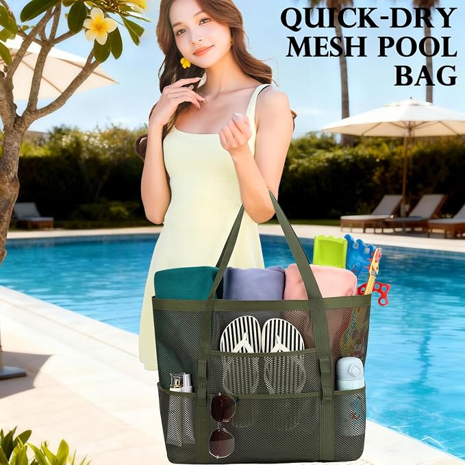 Fammart Mesh Beach Bag for Women, Large Beach Toy Pool Bag with Zipper Pocket, SandProof Cruise Essentials 2026 Family Travel - Image 2