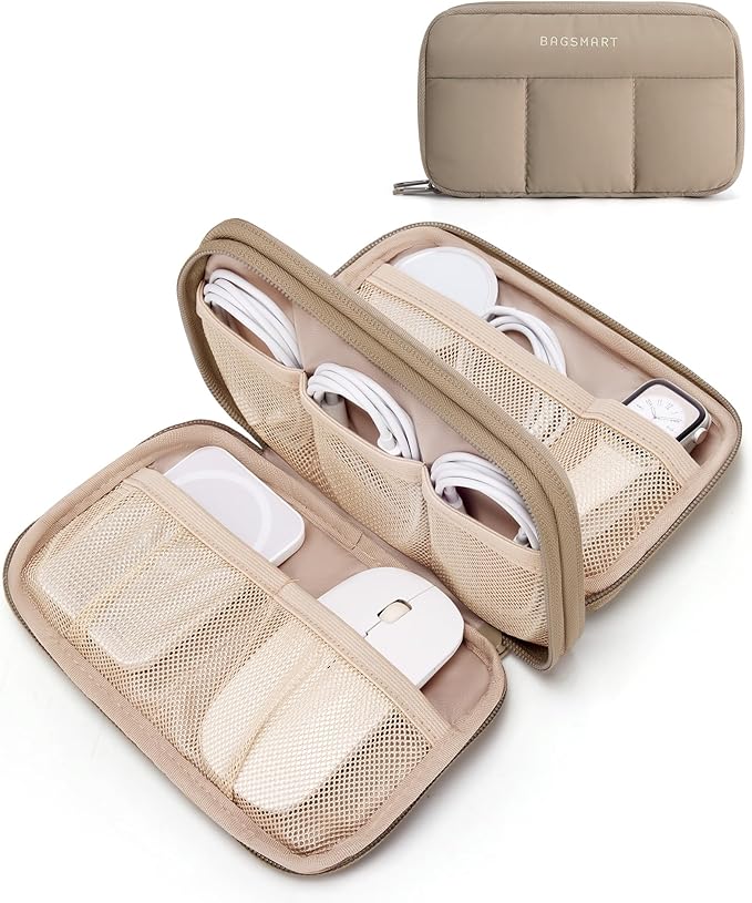 BAGSMART Electronics Organizer Travel Case for Cords Chargers Phones, Khaki | Puffy Padded, Travel Essentials, Cord organizer bag for Cables, Compact Tech Accessories Pouch by BAGSMART