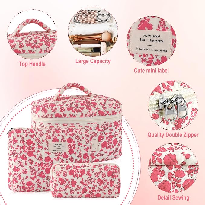URSKYTOUS 3Pcs Cotton Quilted Makeup Bag for Women Large Small Travel Cosmetic Bag Set Cute Pink Floral Print Makeup Pouch for Purse Portable Skincare Bags Coquette Vintage Puffy Travel Essential - Image 3