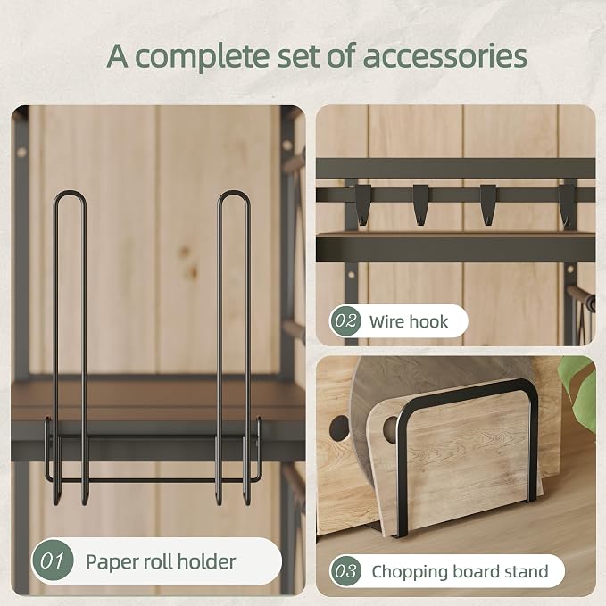 2 Tier Expandable Microwave Stand countertop,Microwave Oven Rack | microwave shelf with Paper Towel and Chopping Board Holder, storage shelf for pans &appliances,8 Hooks,55lbs max load,Black - Image 6