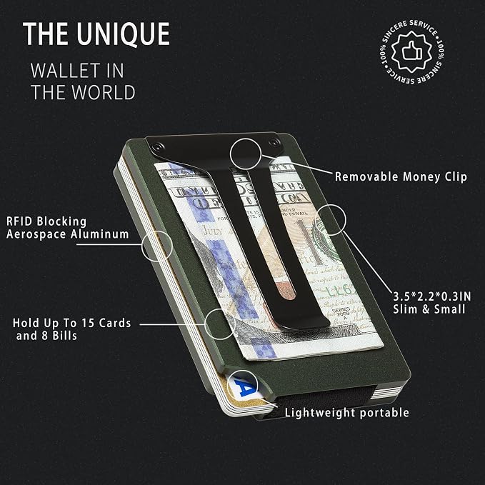 Minimalist Wallet for Men, Slim Metal RFID Blocking Wallet Credit Card Holder Money Clip & Cash Strap, Scratch-Resistant Holds 15 Cards,Ideal Gift for Men | -Matt Green - Image 3