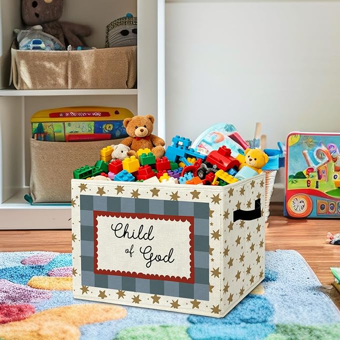 Christian Religious Positive Storage Bins Box with Handles Organizer Basket | faith gold star foldable basket for organizing, checkerboard collapsible toys clothes for playroom nursery bedroom, 10x14 in - Image 2