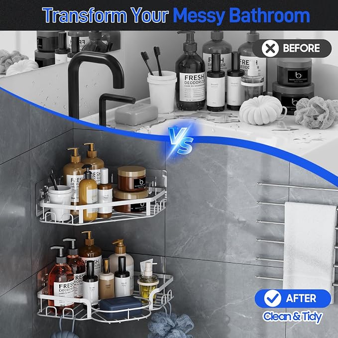 Corner Shower Caddy, Rustproof Shower Organizer with Soap Holder and 8 Hooks, No Drilling Adhesive Shower Shelves for Inside Shower, Large Capacity Shower Rack for Bathroom Shower Storage, White - Image 9