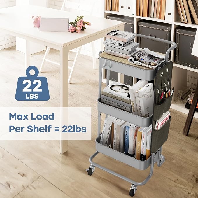 DTK 3-Tier Rolling Cart with Table Top, Metal Utility Cart with Side Bags | Tray Storage Organizer, Lockable Wheels, 4 Hooks, Art Cart for Kitchen, Bathroom, Office, Craft room, Living room,Grey - Image 3