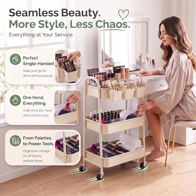 Beige 3 Tier Rolling Cart Metal with Wheels,Tan Three Tiered Bedside Carts | Utility Storage Organizer Trolley on Wheels for Art, Craft, Diaper Caddy,Nursing,Postpartum,Baby Essentials,Bathroom Supplies - Image 6
