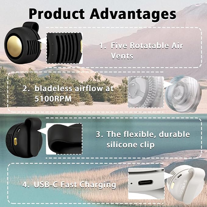 Portable Clip-On Fan, Mini USB Rechargeable 360° Rotatable Fan, Personal Fan 3-Speed Silent Mini Bladeless Fans (2 pack(Black and White)) - Image 3