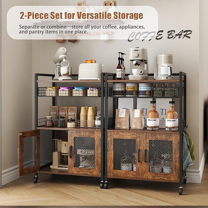 Hencawima Coffee Bar Cabinet, 3 Tier Coffee Station Table on Wheels, 35.9" H Bar Cart with Wire Basket Drawer & 5 Hooks for Home Kitchen, Liquor Buffet Sideboard Cabinet (Rustic Brown) - Image 4