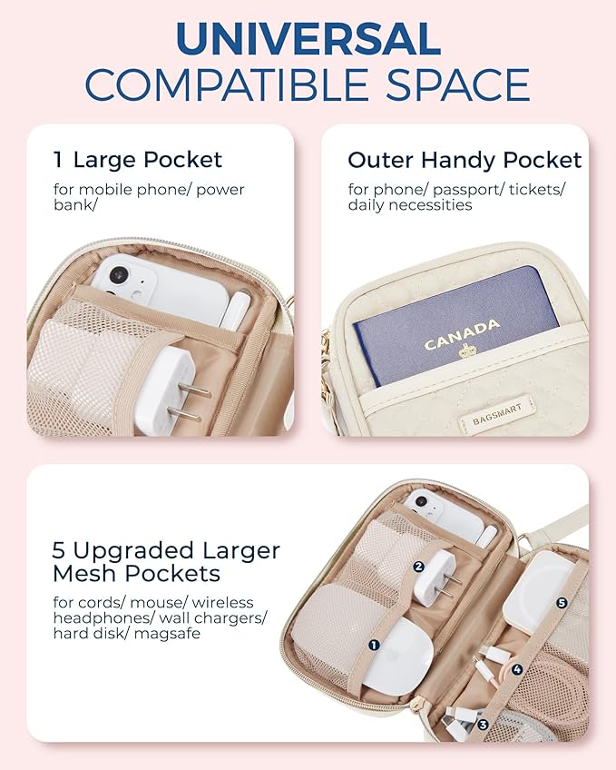 BAGSMART Cord Organizer Travel Cable Organizer Bag Tech Electronic Organizer Travel Case, Travel Essentials for Charger, Cable, Phone, Flash drive, Single Layer - Beige | Travel Essentials, Tech Organizer Pouch, Cord organizer bag for Cables, Compact T... - Image 5
